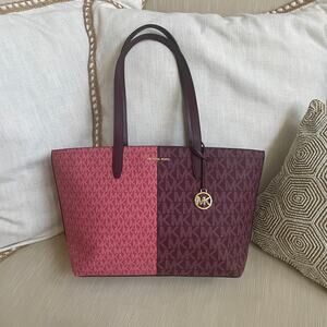 Michael Kors Jet Set Medium Tote | Colorblock MK Logo Pink Burgundy